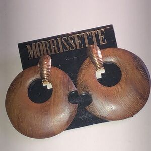 Morrissette Huge Vintage Gold Tone Brown Wooden Retro Boho Hoop Earrings